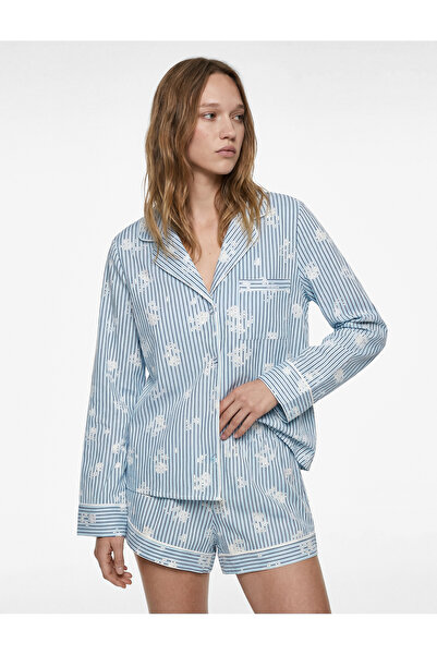Koton Pamuklu Cep Detaylı Uzun Kollu Çiçek Desenli Çizgili Pijama Üstü
