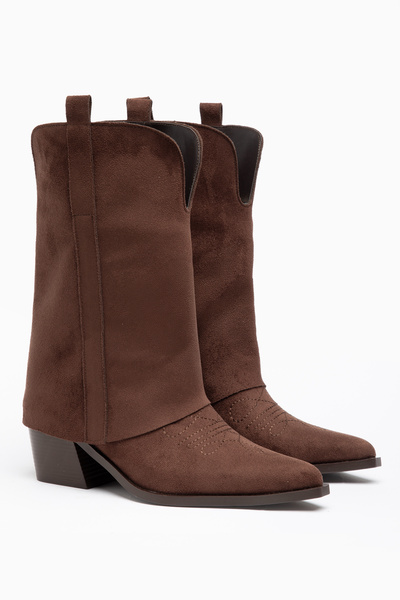 DENORA Brown Matte Suede Trousers Flat Western Cowboy Boots