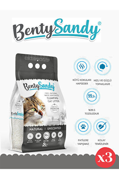 BentySandy Naturel Kokusuz Topaklanan Ince Taneli Kedi Kumu 5lx3