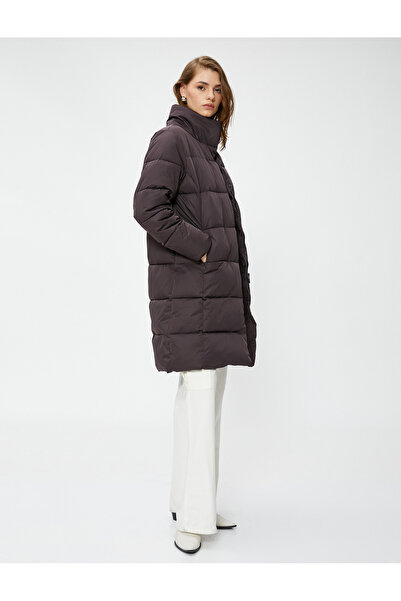 Koton Long Puffer Jacket Stand Collar Pockets Zippered