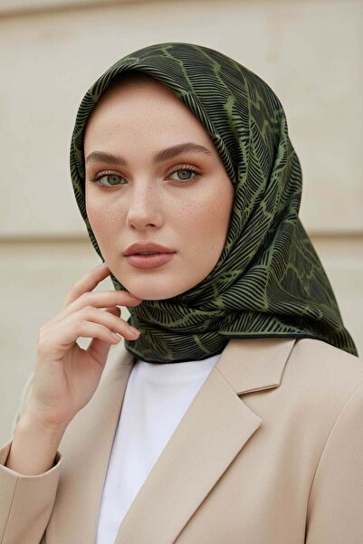 Vissona 100% حرير تويل بنمط هندسي كاكي - أسود اللون 90x90 وشاح شكل الخياطة: خ...