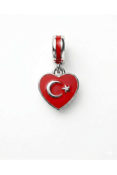 celikchi Türk Bayrağı Model Kalp Detay Gümüş Charm