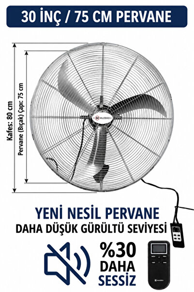 MUZEKO MZK750 30İNÇ 75CM GÜMÜŞ RENK KUMANDALI DUVAR TİPİ SANAYİ VANTİLATÖR EV...