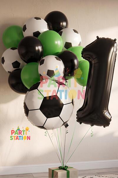 Parti Station Futbol Topu Maç 1 Yaş Balon Set Futbol Topu Maç Konsept Doğum G...