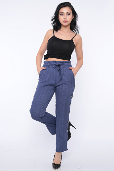 FIRST STYLE Women's Blue Striped Side Button Turkish Trousers