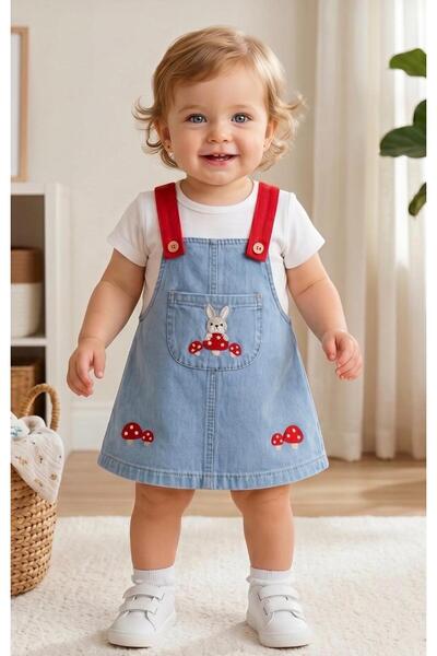 ALTINTAŞ BABY Tavşan Mantar Nakışlı Örme Kot Kumaş Salopet ve Tshirt 2'li Bay...