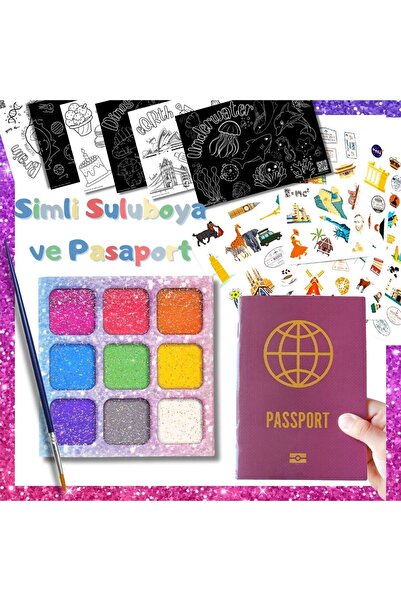 HomedU Simli Suluboya Seti ve Pasaport Aktivitesi, Boyama Kağıtları, Sticker ...