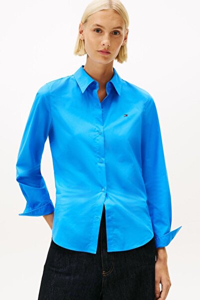 Tommy Hilfiger Mavi Kadın Standart Fit Çizgili Gömlek ESS POPLIN REGULAR SHIRT