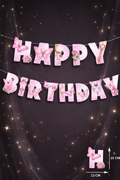Baloncu Nene Pembe Kelebekli 3D Happy Birthday Banner Yazısı Doğum Günü Süsü ...