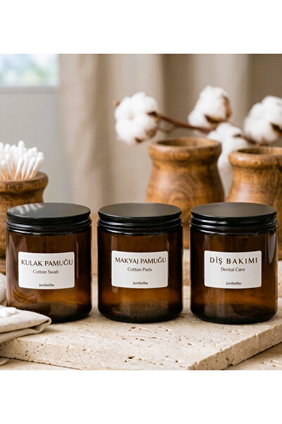 junibeliw Set of 3 Empty Amber Glass Bathroom Organizer Set Makeup Cotton Swa...