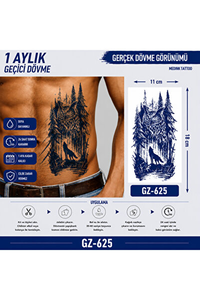 medink tattoo 1 Ay Kalıcı Sonradan Kararan 11X 18 cm Kurt ve orman model geçi...