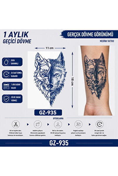 medink tattoo 1 Ay Kalıcı Sonradan Kararan 11X 18 cm Kurt model geçici dövme ...