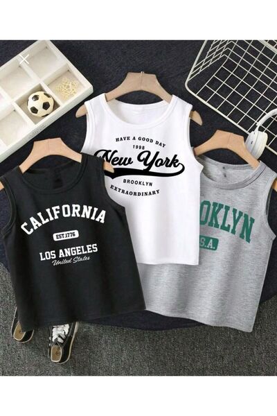 MORNİNG KİDS Erkek Çocuk Sıfır Kol Beyaz-Gri-Siyah California-NewYork-Brookly...