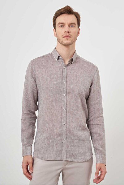 Morven Men's BROWN Linen Buttoned Collar Regular Fit Shirt