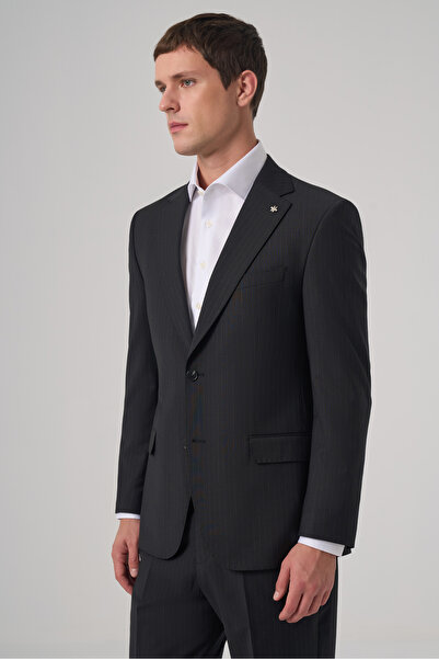 Morven Men's Black Wool Trend Striped Dynamic Fit Mono Collar Suit