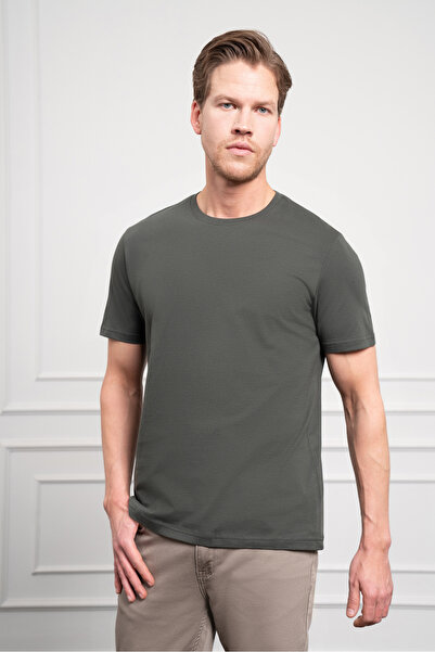 Morven Tricou din bumbac, kaki, de bază, cu decolteu, cu potrivire dinamică