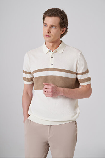 Morven Men's Ecru Trend Soft Cotton Polo Collar Knitwear T-Shirt
