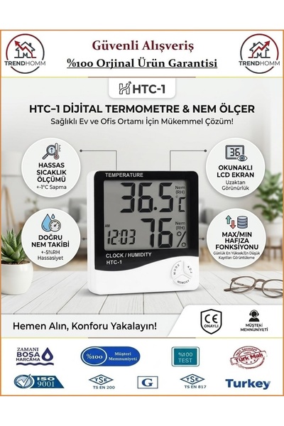temperature HTC-1 - Saatli - Dijital Termometre - Sıcaklık & Nem Ölçer
