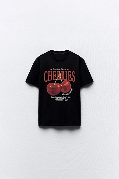 The Champ Clothing تي شيرت نسائي أسود كبير الحجم مطبوع عليه تصميم الكرز من Ch...