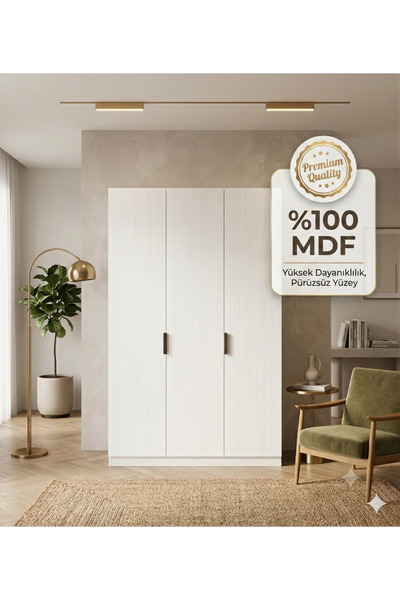 Dian Mobilya Mdf 3 Kapaklı Dolap Beyaz Bol Raflı