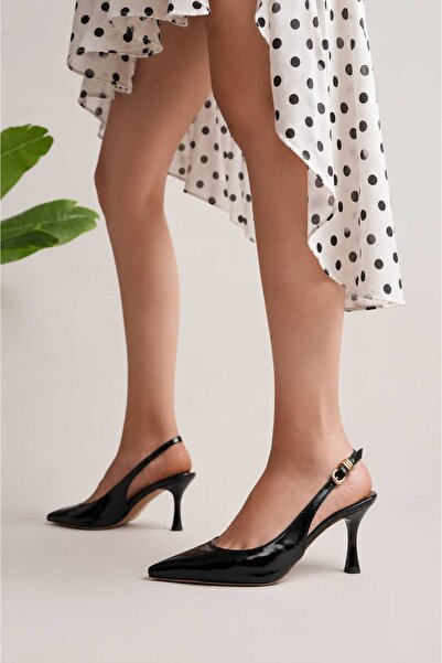 rephro store Black Patent Leather Pointed-Toe Open-Back Women's Evening Shoes