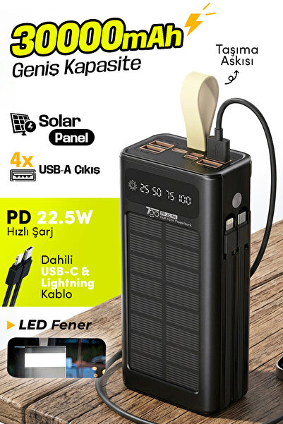 7GO GPW-09 30000mAh Güneş Enerjili Powerbank | PD 22.5W Hızlı Şarj | Dahili T...