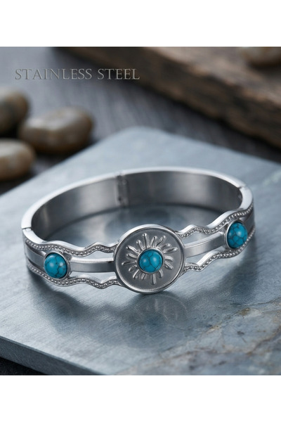 stainless steell Silver Colored Blue Stone Motif Steel Handcuff Bracelet