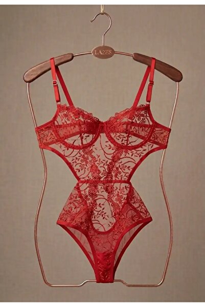 SOFT Rouge Amour Kırmızı Çiçek Dantelli Balenli Bodysuit Elegant Transparan T...