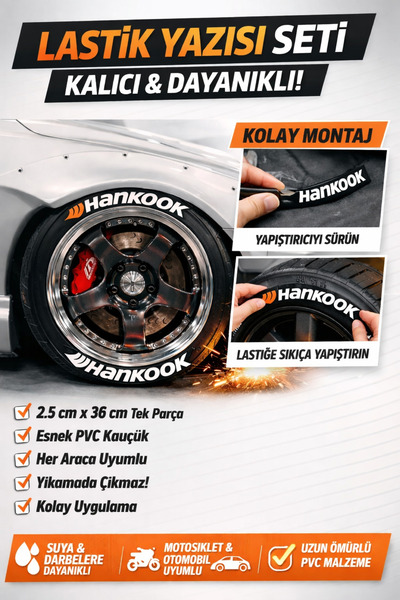 ASTUNİNG Hankook Motosiklet Ve Otomobil Araç 3d Oto Lastik Yazısı Sticker Arma 4 Adet