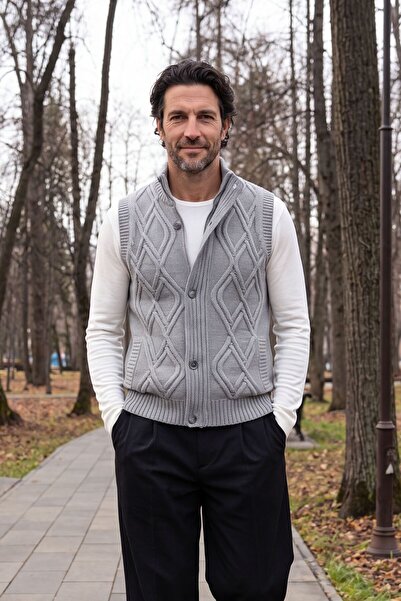 Çizgi Triko Men's Thick Knit Knitwear Vest Classic Fit with Buttons and Zippe...