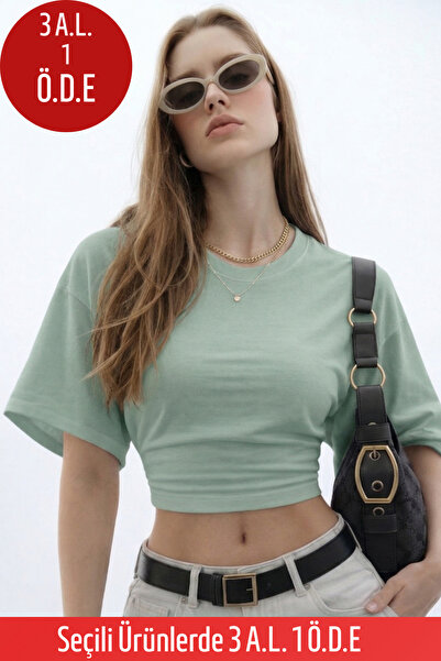COMBİNE MİCHAİL Kadın Basic Bel Detaylı Çağla Crop Bluz