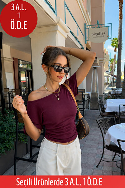 COMBİNE MİCHAİL Women's Shoulder Detailed Boat Neck Burgundy Blouse