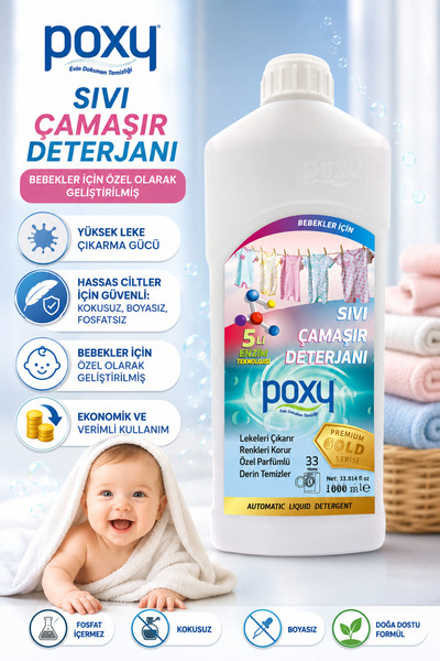 Poxy Bebekler İçin Sıvı Deterjan 1000 ml Hipoalerjenik Formül, Kimyasal Parfü...
