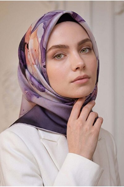 Vissona %100 Twill İpek Batik Çiçek Desenli Mürdüm - Krem Renkli 90x90 Eşarp ...