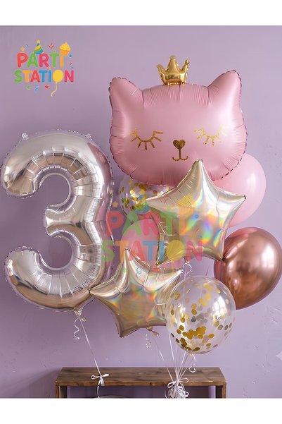 Parti Station Pink Cat 3 Year Old Balloon Set Star Balloon Foil Set Pink Cat ...