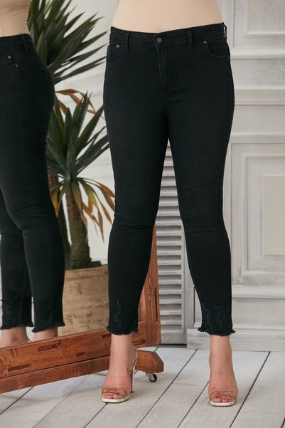 RMG Paça Püskül Detaylı Büyük Beden Füme Kot Pantolon