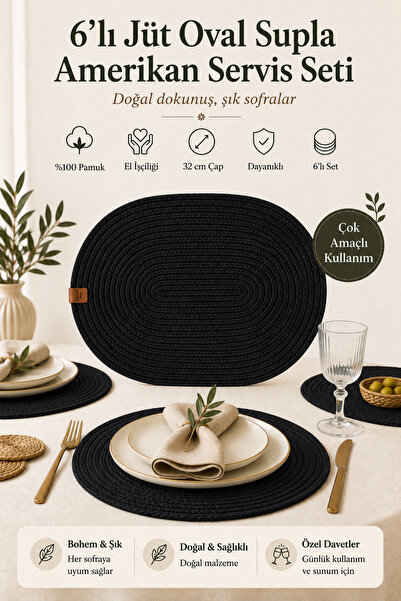 Fabrix Home طقم تقديم أمريكي بيضاوي الشكل من الجوت مكون من 6 قطع، لون أسود، ط...