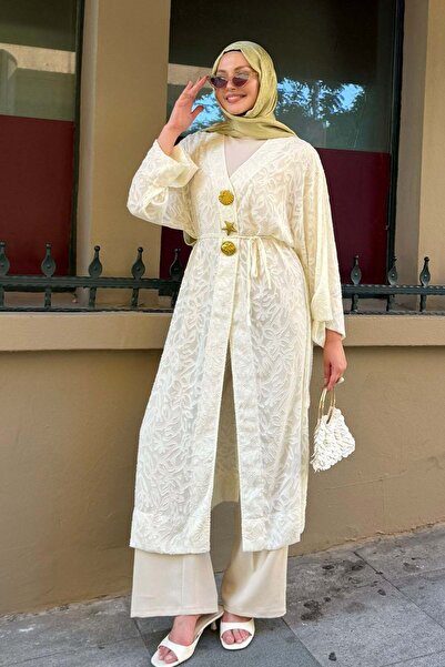 Modaensarbutik Gold Düğmeli Kumaş Kendinden Desenli Kimono-TAŞ