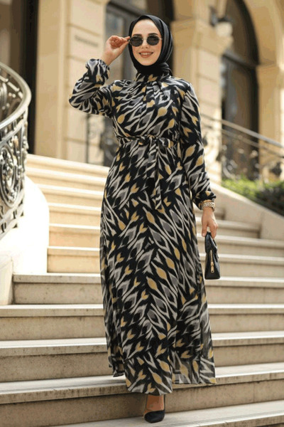 Neva Style Patterned Black Hijab Dress 34464S