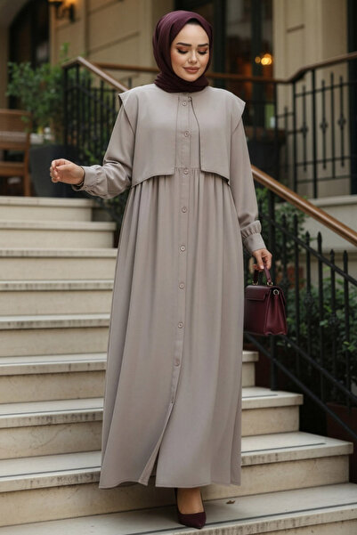 N.S NEVA STYLE Düğmeli Bej Tesettür Ferace 26441BEJ