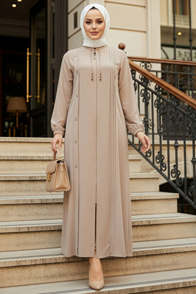 N.S NEVA STYLE Zippered Beige Hijab Abaya 45309Bej