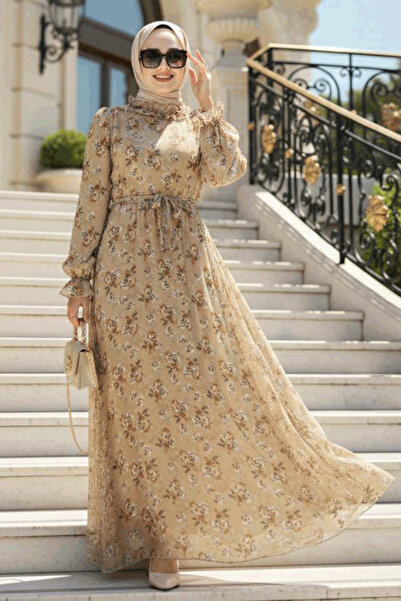 Neva Style Çiçek Desenli Bisküvi Tesettür Elbise 29713BS