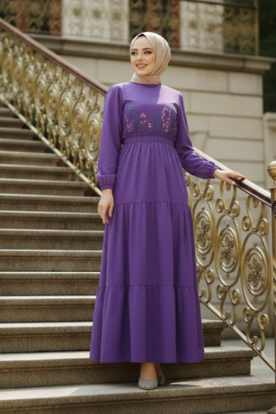 Neva Style فستان حجاب أرجواني بنمط تطريز 7063PURPLE