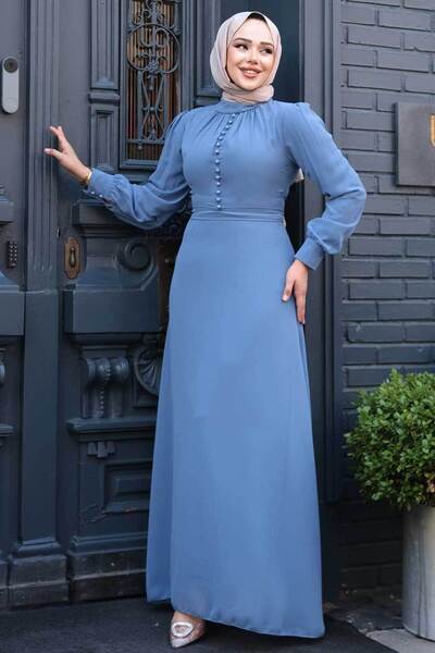 Neva Style Düğme Detaylı Mavi Tesettür Elbise 2703M