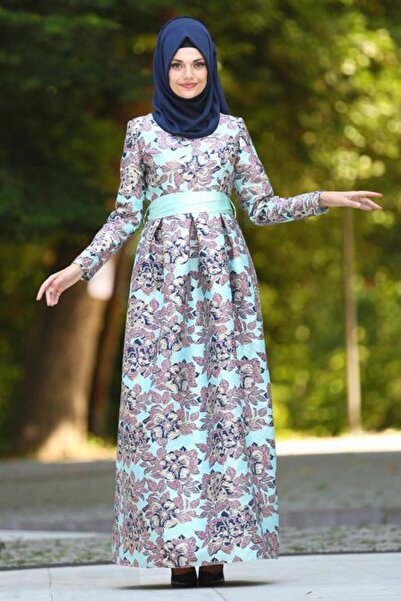 Neva Style Jakarlı Çiçek Desenli Mint Tesettür Abiye Elbise 24412MINT