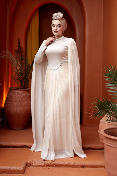 N.S NEVA STYLE - فستان سهرة إكرو مع حجاب 5418E