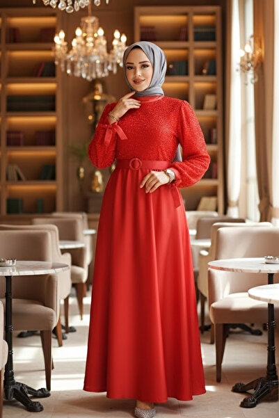 Neva Style Boncuk İşlemeli Kırmızı Saten Tesettür Abiye Elbise 6176K