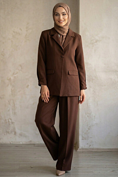 N.S NEVA STYLE Brown Hijab Double Set with Jacket 6277Kh