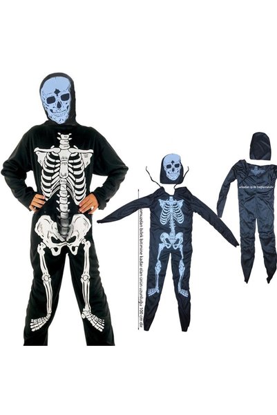 partidolu İskelet Desenli Siyah Renk Halloween İskelet Çocuk Kostüm 9-11 Yaş 636