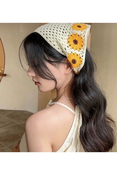 synshop Örgü Üçgen Bandana Sarı Krem Saç Bandı Kadın Genç Kız Çocuk Yazlık Bo...